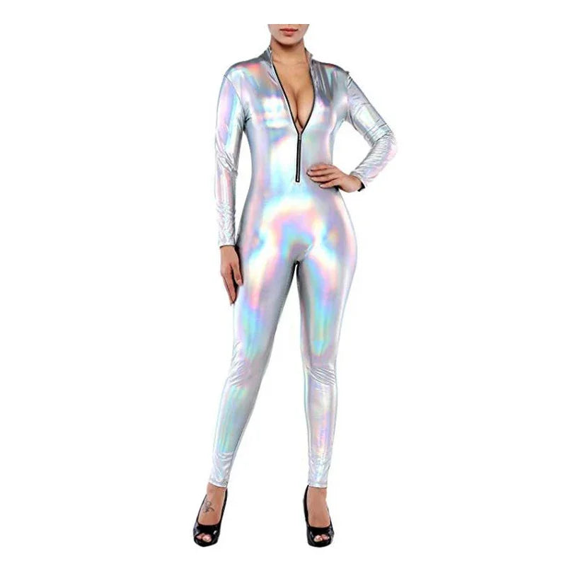 Plus Size Bodycon Party Romper Shiny Laser Holographic Front Zipper Long Sleeve Jumpsuits High Street Sissy Stretchy Bodysuit