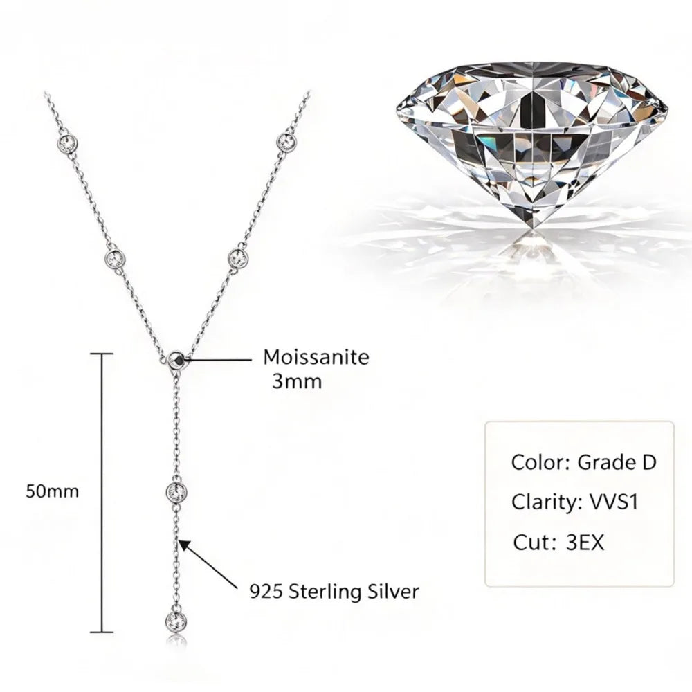 Round Brilliant Cut 3mm D VVS1 Moissanite Lariat Necklace 925 Sterling Silver Y Shape Drop Chain Fine Jewelry for Women