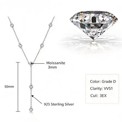 Round Brilliant Cut 3mm D VVS1 Moissanite Lariat Necklace 925 Sterling Silver Y Shape Drop Chain Fine Jewelry for Women
