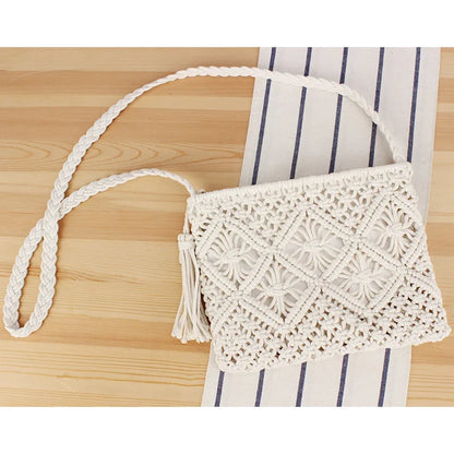 Handmade Bohemian Woven Rope Crossbody Bag with Tassel Detail, Summer Beach Clutch Shoulder Bags for Women, Geometric Design