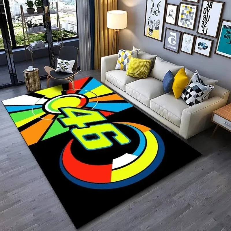 Motorcycle Racer The Doctor Carpet Mat Black Yellow Racing Track Living Room Rug with Number 46 Dynamic Design Home Decoration