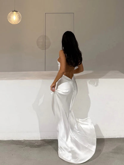Luxury White Satin Backless Veatido Women Sexy Spaghetti Strap V-neck High Split Midi Dress Vacation Evening Party Beach Outfits