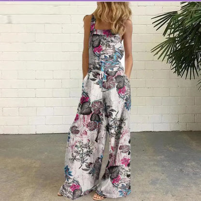 Women Summer Loose Printed Jumpsuits Sleeveless Bib Overalls Siamese Button Wide Leg Pants Long Trousers Female Fashion Clothing