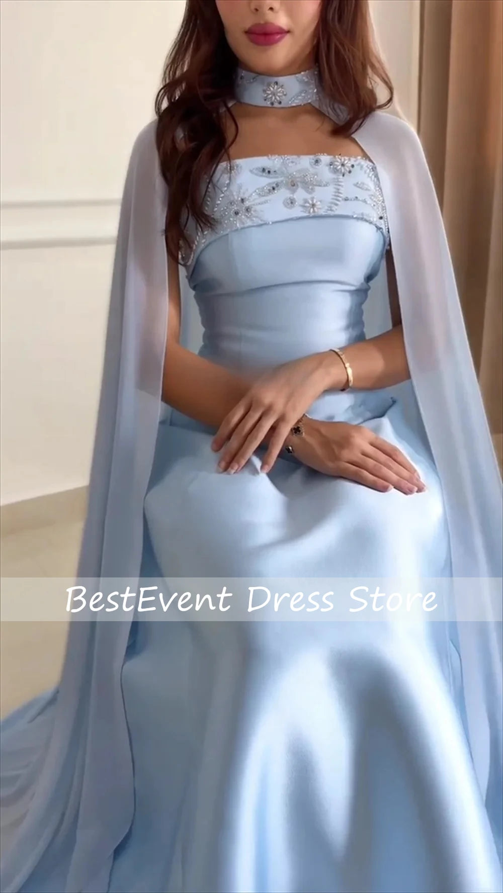 Customized Boat Collar Blue Beading A-line Strapless Floor Length Dresses Bespoke Occasion Bridal Dresses Exquisite High Quality