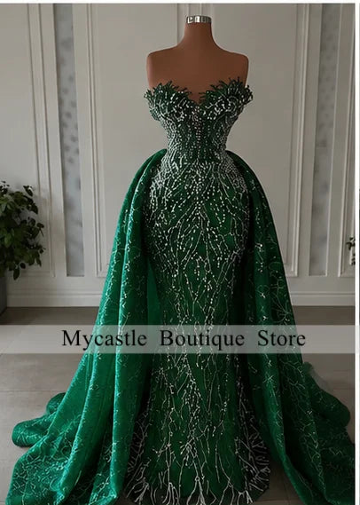 Luxurious Mermaid Wedding Dresses 2026 Bride Strapless Heavy Beaded Lace 2 In 1 Detachable Overskirts Bridal Gown Customized