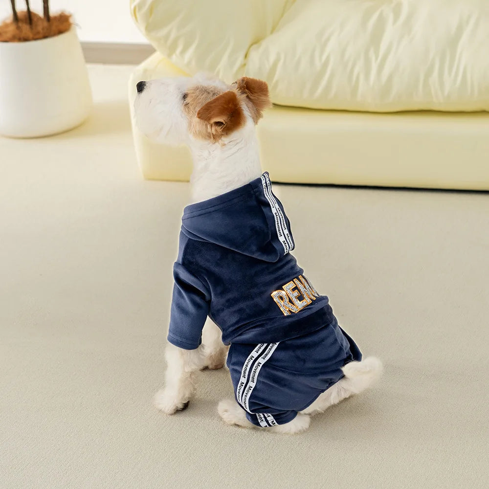Soft Velvet Dog Jumpsuit Puppy Pajamas Onesie with Hoodie Pet Apparel Spring Autumn Cozy Dog Clothes for Small Medium Dogs