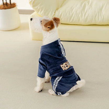 Soft Velvet Dog Jumpsuit Puppy Pajamas Onesie with Hoodie Pet Apparel Spring Autumn Cozy Dog Clothes for Small Medium Dogs