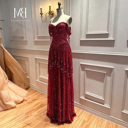 Red Off-the-Shoulder Strapless Sleeveless Floor-Length Formal Ball Gown Beadwork Embroidery Glowing Women's  Occasion Dress