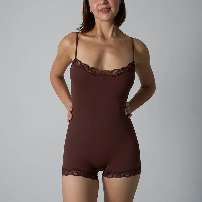 Hot Women Sexy Lace Patchwork Bodysuit Sports FitnessSkinny Shaperwear Camisole Square Neck Spaghetti Strap Slimming Bodycon