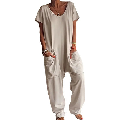 Women Summer Solid V Neck Jumpsuit European Hot Oversized Pockets Low Crotch Loose Rompers Ladies Casual Daily Outfit