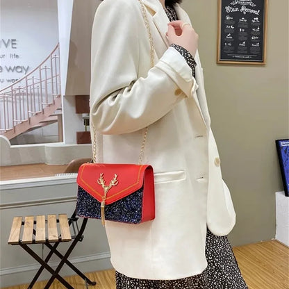 Fashion Women Shoulder Bag Deer Head Decoration Messenger Bags PU Leather Button Underarm Luxury Chain Lady Small Square Handbag