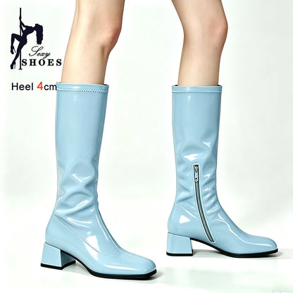 New Spring Autumn Wine Red Patent Leather Women Knee High Boots Block Heel 4cm Side Zipper Square Toe Pleated Ladies Boots Shoes