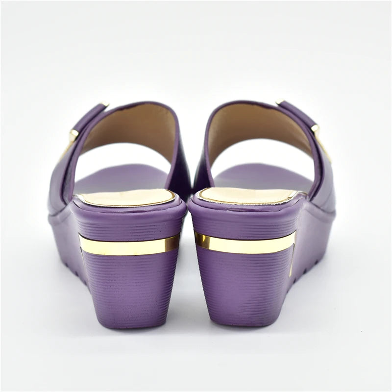 Latest Design African Party Shoes Decorated with Metal Wedding Shoes for Women Bride Wedges Shoes for Women Luxury Shoes