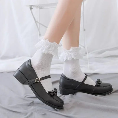 Women's Japanese Lolita JK Ankle Socks Kawaii Cotton with Lace Trim - Cute White/Black Crew Socks for Girls Cosplay Casual Wear