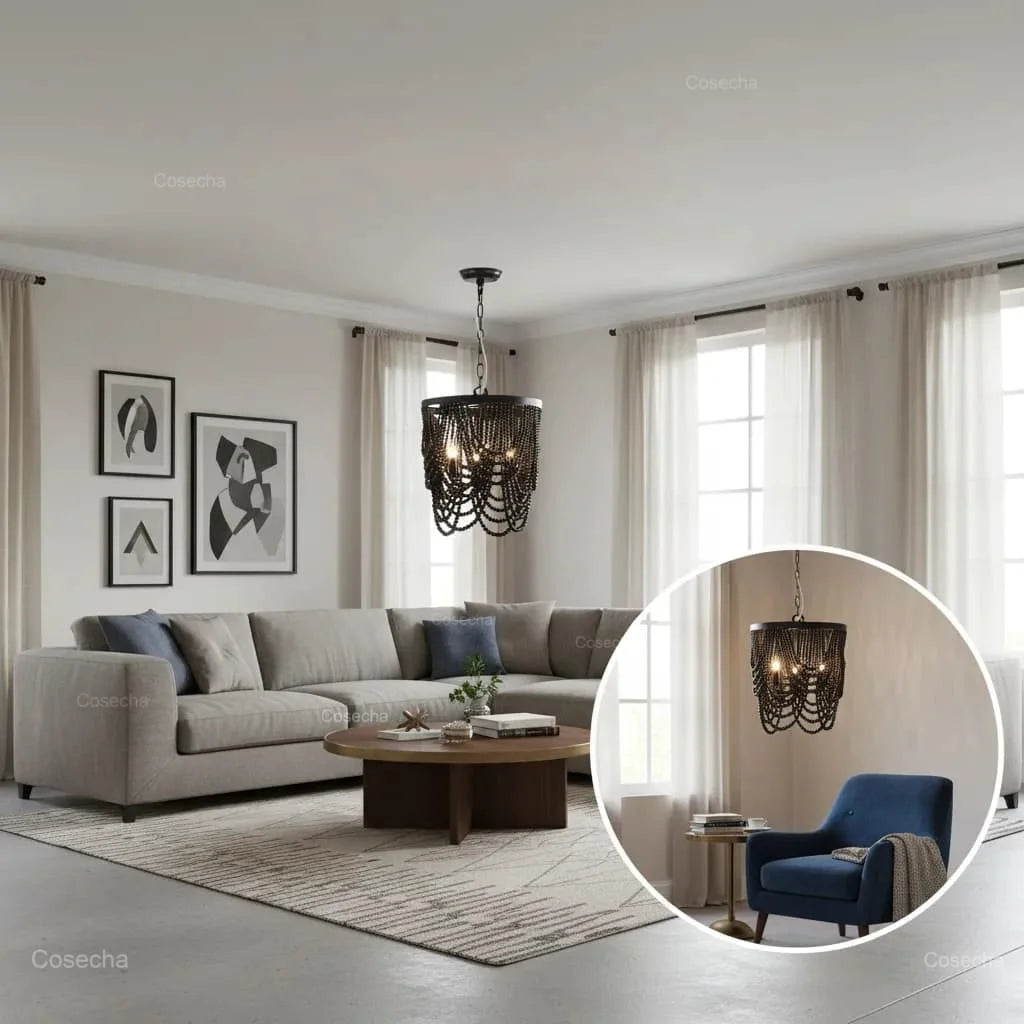French Country white wood Bead Chandelier dining room bedroom princess Decorative chandelier 3/5 lights hanging light fixture