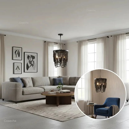 French Country white wood Bead Chandelier dining room bedroom princess Decorative chandelier 3/5 lights hanging light fixture