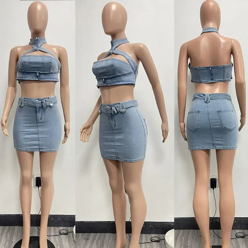 Sexy Denim Two Piece Set Women Y2K Clothes Zipper Halter Hollow Out Backless Crop Top and Mini Skirt Club Party Matching Sets