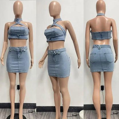 Sexy Denim Two Piece Set Women Y2K Clothes Zipper Halter Hollow Out Backless Crop Top and Mini Skirt Club Party Matching Sets