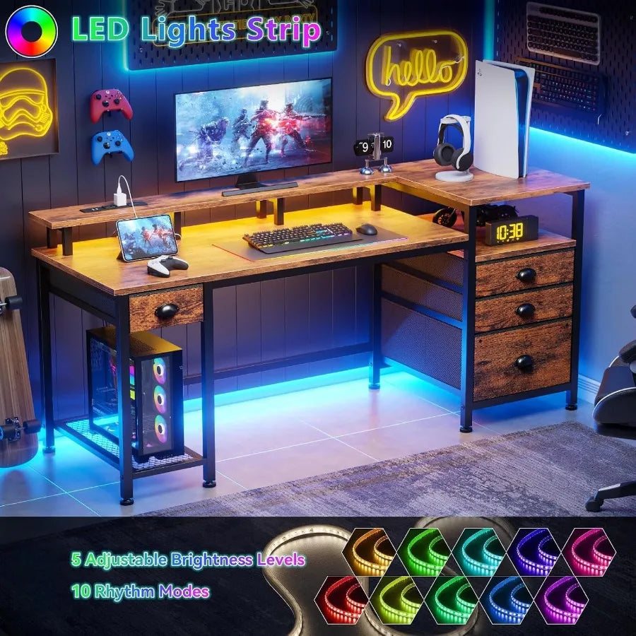 60" Computer Desk with 4 Drawers, Power Outlet, LED