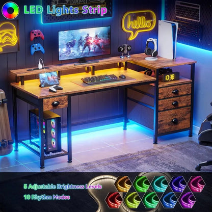 60" Computer Desk with 4 Drawers, Power Outlet, LED