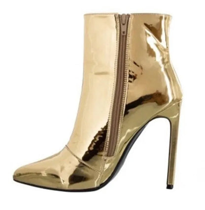 Design Ankle Boots Women Fashion Zipper Pointed  High Heels Gold Silver Patent Leather Short Booties Shoes Catwalk Shoes