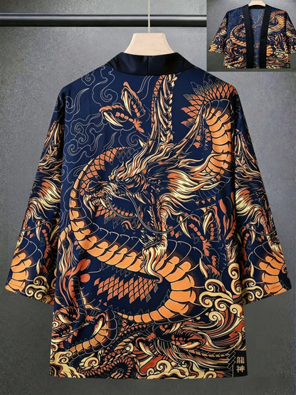 European And American men's Summer Retro Dragon Teng Print Soft And Breathable Open Top Traditional Kimono Outdoor Casual Top