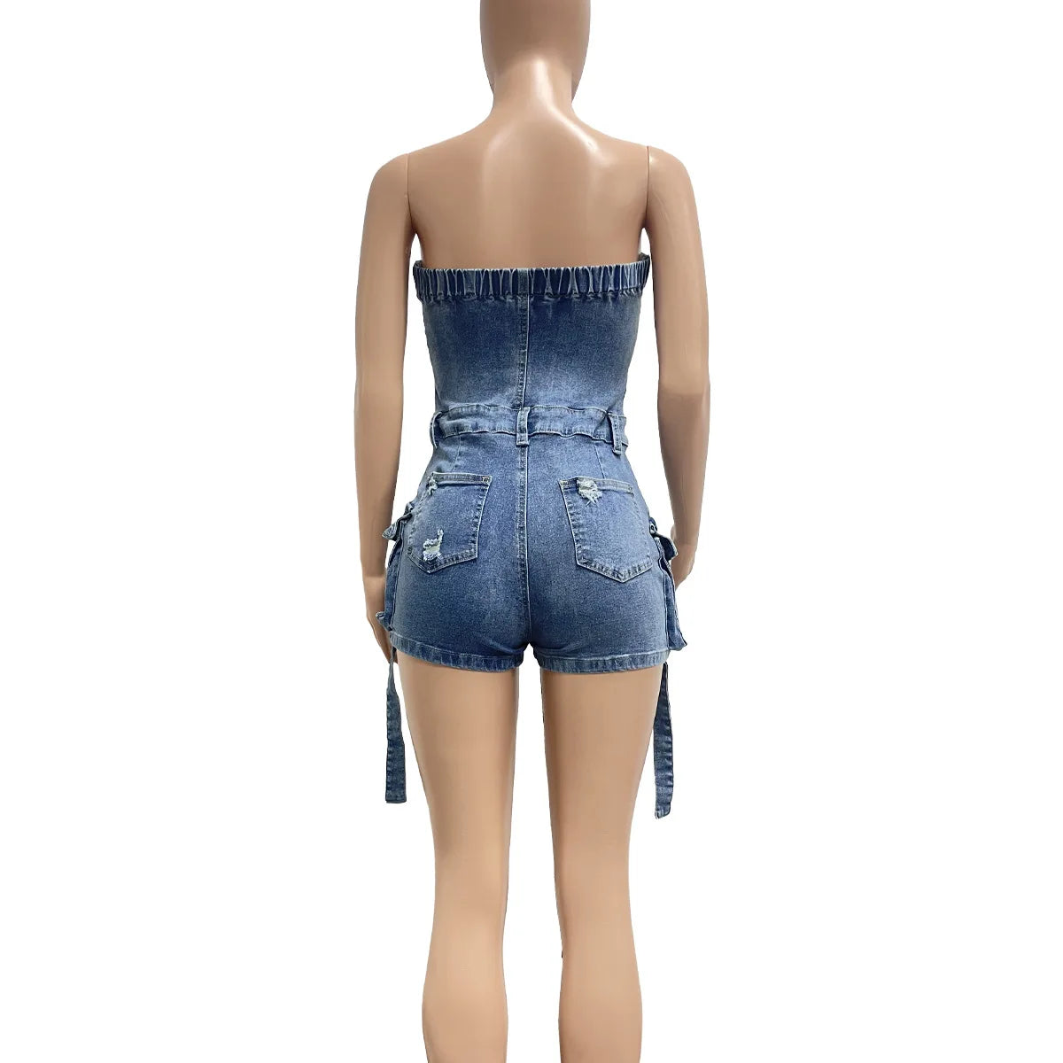 Jumpsuits Women Denim One Piece Jeans Shorts Summer 2025 Short Pants Strapless Backless Hole Washed Distressed Streetwear
