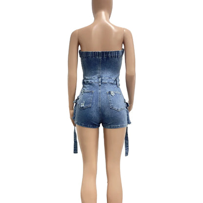 Jumpsuits Women Denim One Piece Jeans Shorts Summer 2025 Short Pants Strapless Backless Hole Washed Distressed Streetwear