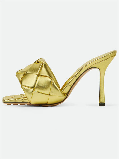 New 2026 Summer Fashion Women's Slippers PU Leather Square Toe Sandals for Women Fluorescent Yellow Fine Heel Ladies High Heels