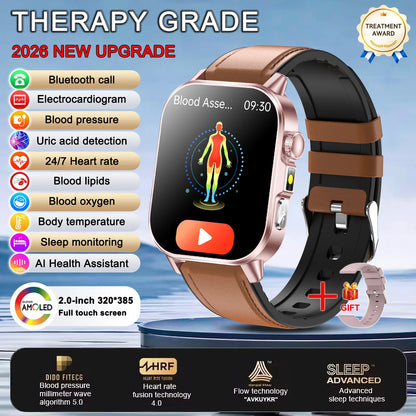 2026 New Body Analysis Health Smart Watch ECG+PPG Uric Acid Blood Pressure Blood Oxygen Clock Call AMOLED Smart Watch Men Women