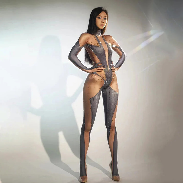 Sexy Full Diamond Long Sleeved Jumpsuit Ballroom Pole Dancer Performance Outfit Fashionable Club Suit Women's Photography