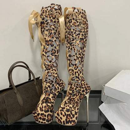 Aneikeh Sexy Leopard Print Hollow Out Ultra-high Heels Knee-High Boots Lady Club Stripper Peep Toe Platform Sandal Long Booties