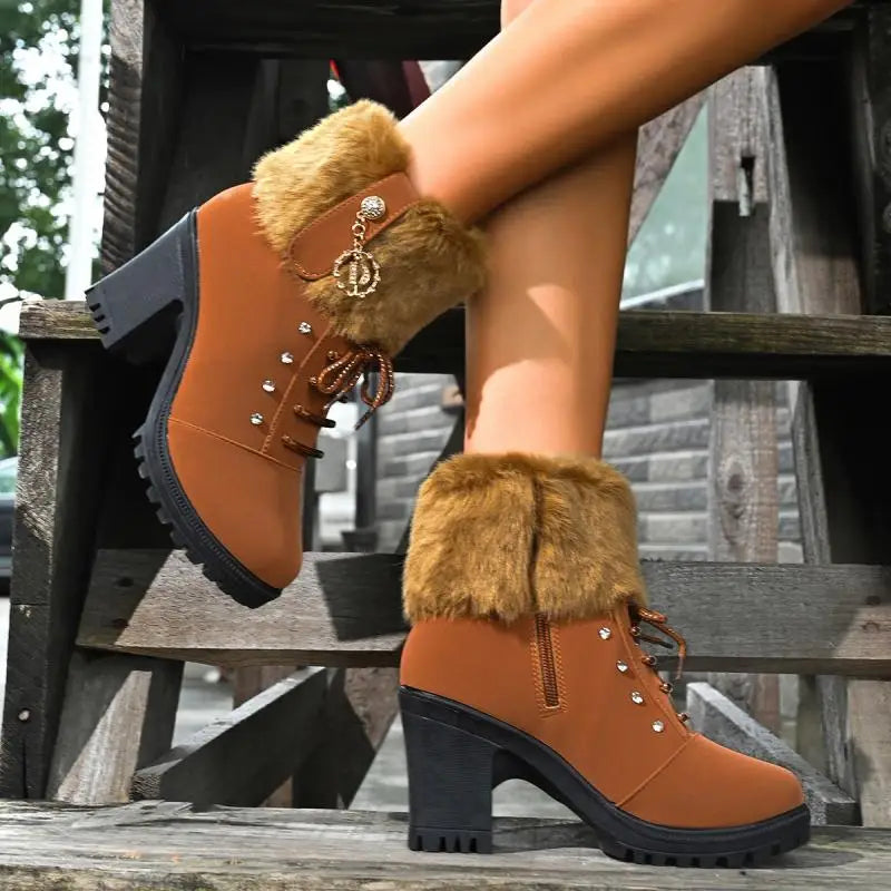 Elegant Fluffy Fur Thick High Heel Suede Ankle Boots Women Winter 2026 Designer Warm Plush Black Short Boots Woman Furry Booties