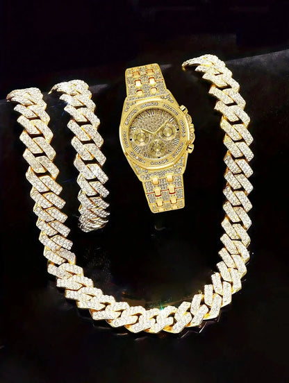 Fashion watch gift set, diamond studded hip-hop watch bracelet necklace set, quartz watch set