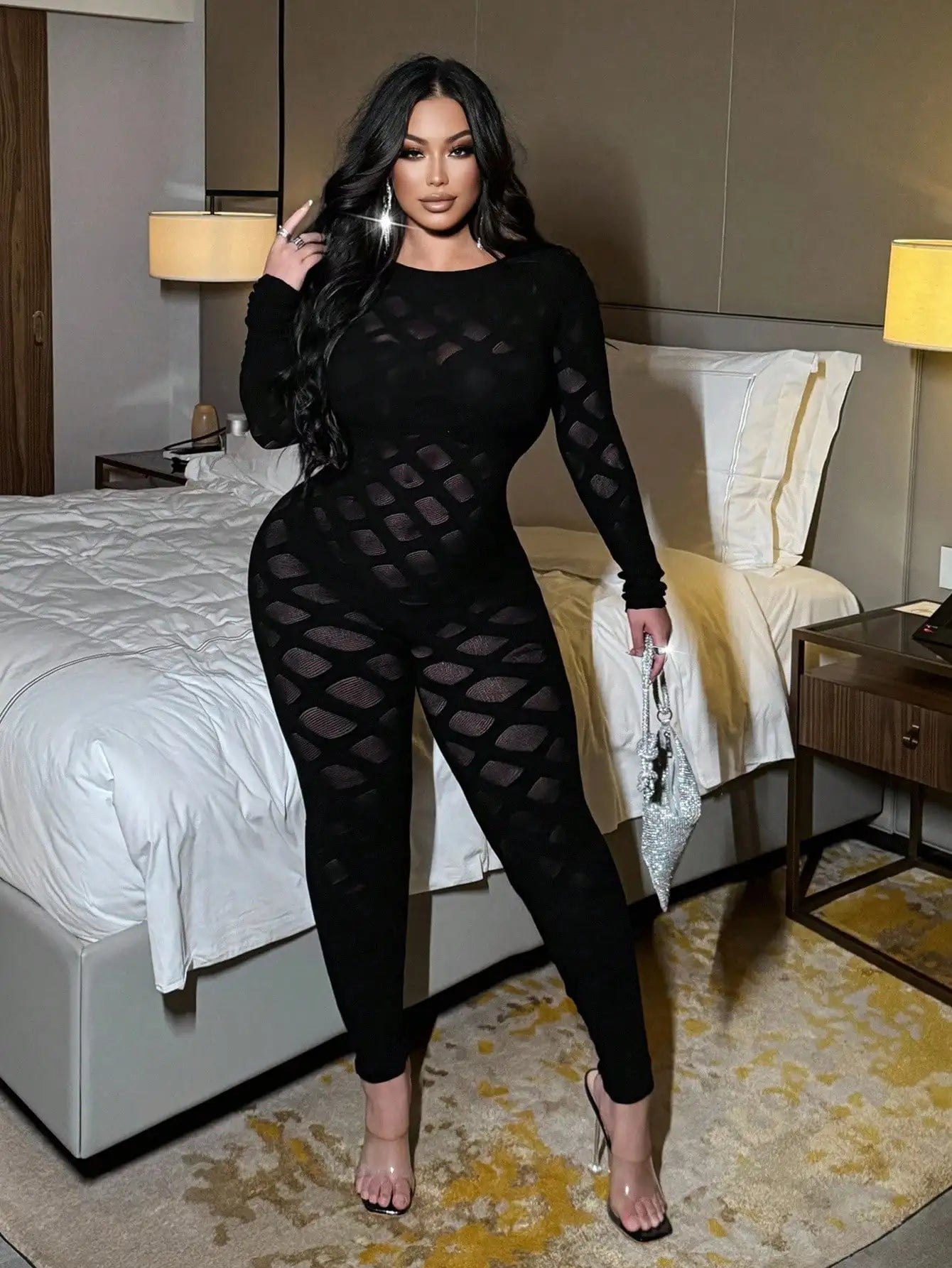 Women's Sexy Jumpsuits Black Sexy Hollow Out See Though Bodycon One Piece Sheer Lace Panel Long Sleeve Nightclub Party Wear