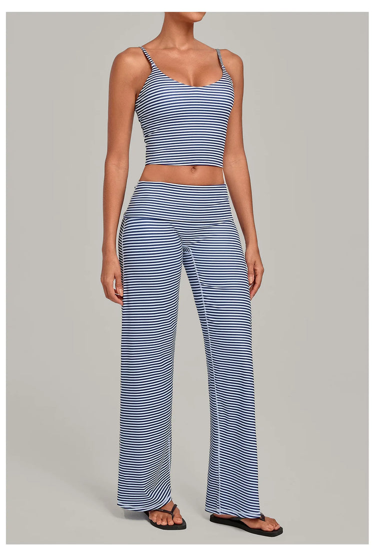 2PCS Stripes And Polka Dots Yoga Suit Women Tracksuits Sports Outfits Gym Clothes Breathable Sports Bra Fitness Flared Pants Set