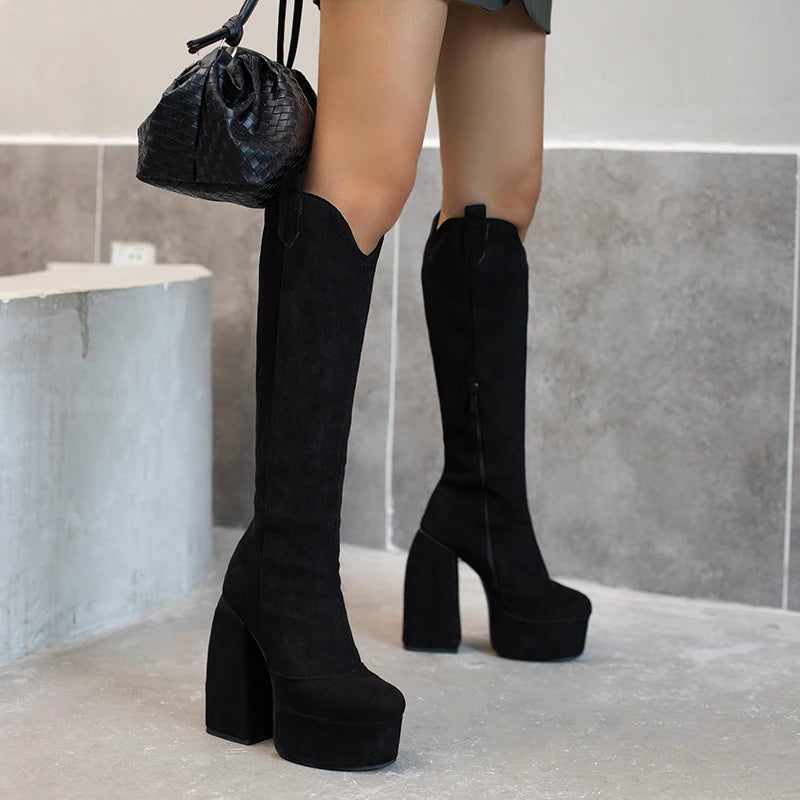 Super Waterproof Platform Strange Chunky Heel Graffiti Women's Boots Plush Inner Zipper Flock Material Knee Boots Plus Size
