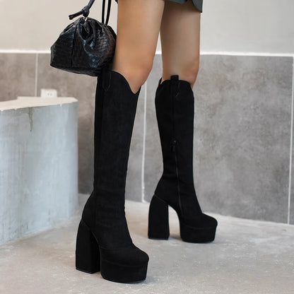 Super Waterproof Platform Strange Chunky Heel Graffiti Women's Boots Plush Inner Zipper Flock Material Knee Boots Plus Size