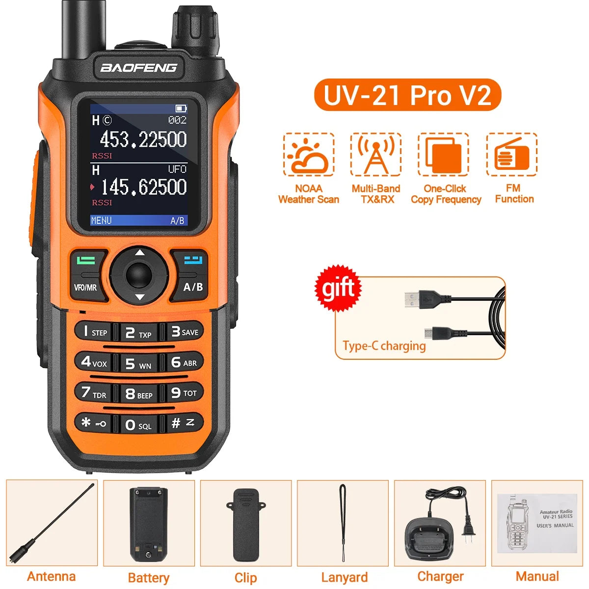 Baofeng UV-21 Pro V2 Air Band Walkie Talkie Wireless Copy Frequency AM Type-C Long Range Upgrade UV-5R Ham Radio