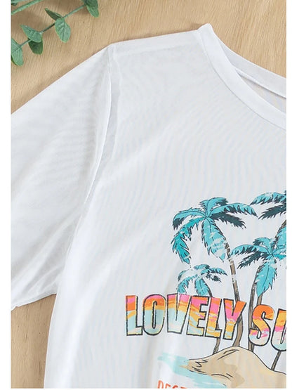 2026 New Tropical Print Three Pieces Bikini Set Thong Women Swimsuit with Cover Up Short Sleeve Biquini Swimwear Bathing Suit