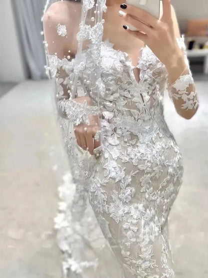 Boho V-neck Mermaid Wedding Dresses Long Sleeves Lace Appliques Flowers Sweep Train Bride Gown Vestido De Novia without veil