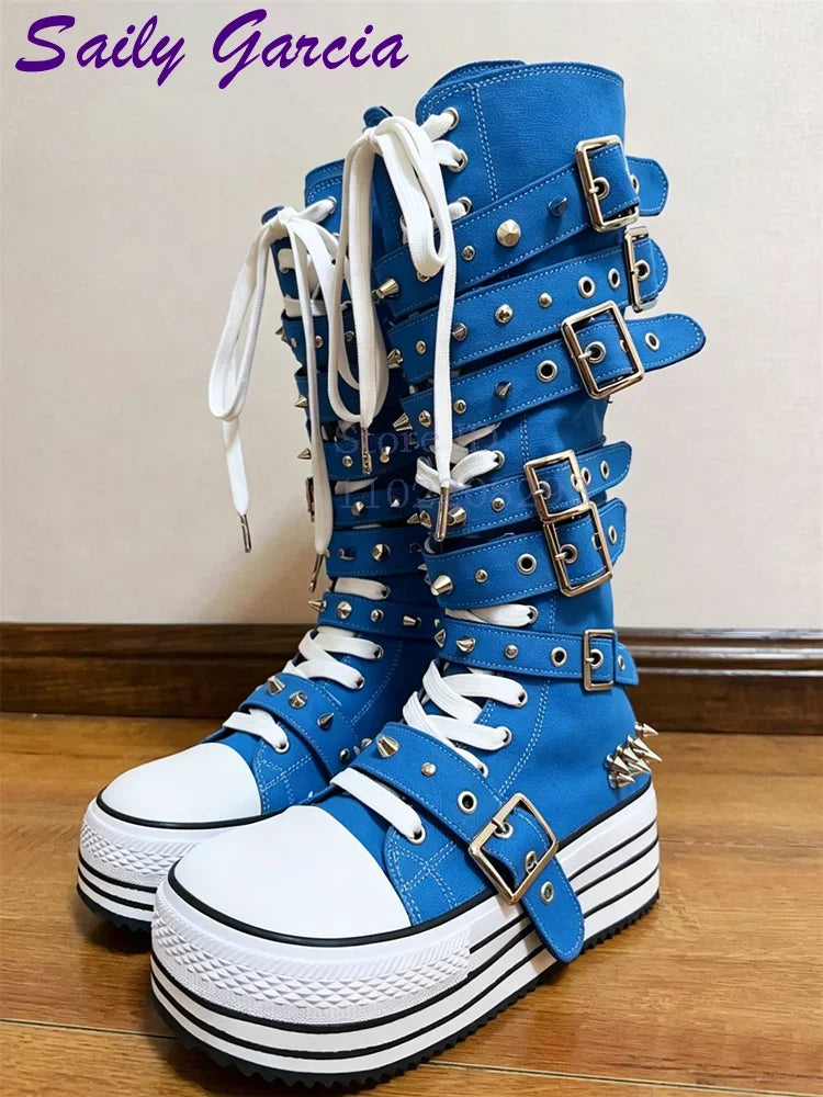 Festival Rave Orange Platform Boots Punk Rivet Buckle Straps Knee High Boots 2026 Fashion Thick Sole Women Shoes Party Footwear