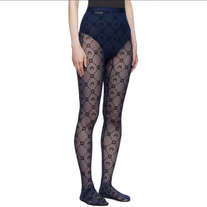 High Waist Pants Women Street Wear Elastic Slimming Tight Thin Socks Autumn Fashion Solid Color Moon Perspective Mesh Plush