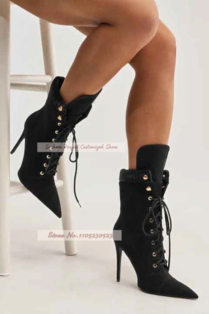 Women Camel Color Stiletto Heel Ankle Boots Brown Collar Patchwork Lace-Up Short Booties Pointed Toe Motorcycle Shoes