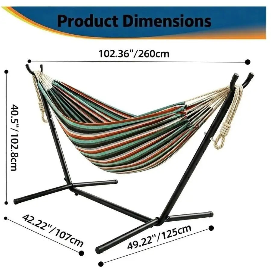 Camping 2-Person Hammock 600LBS, Portable Steel Stand Set For Outdoor Lawn Terrace, Blue & Black Stripe