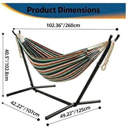 Camping 2-Person Hammock 600LBS, Portable Steel Stand Set For Outdoor Lawn Terrace, Blue & Black Stripe