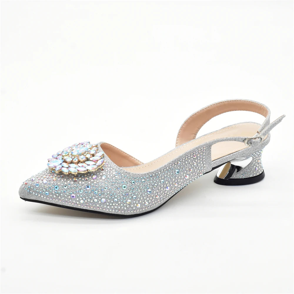 Luxury Designer Silver Italian Matching Shoes and Bag Set Decorated with Rhinestone Shoe and Bag Set for Party in Women Nigerian