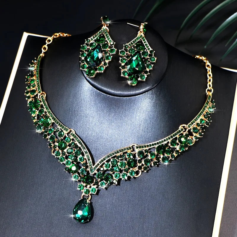 Sparkling Luxurious Women Earrings Necklace Set Water Drop Rhinestones Crystal Adjustable Jewelry Set for Wedding Bride