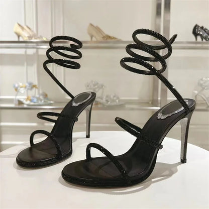 Summer Crystal Gladiator Sandals Women Rhinestone Twine Around Ankle Snake Wedding Shoes High Heels Sandals Woman