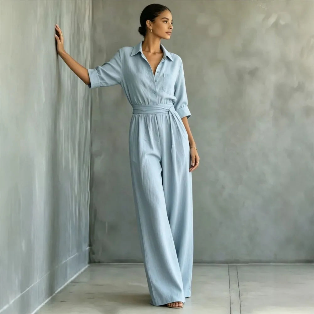Women's Mid-sleeve Shirts Jumpsuits Spring Summer New 2026 New Fashion Elegant Waisted Lace-up Wide-leg Trousers Female Rompers